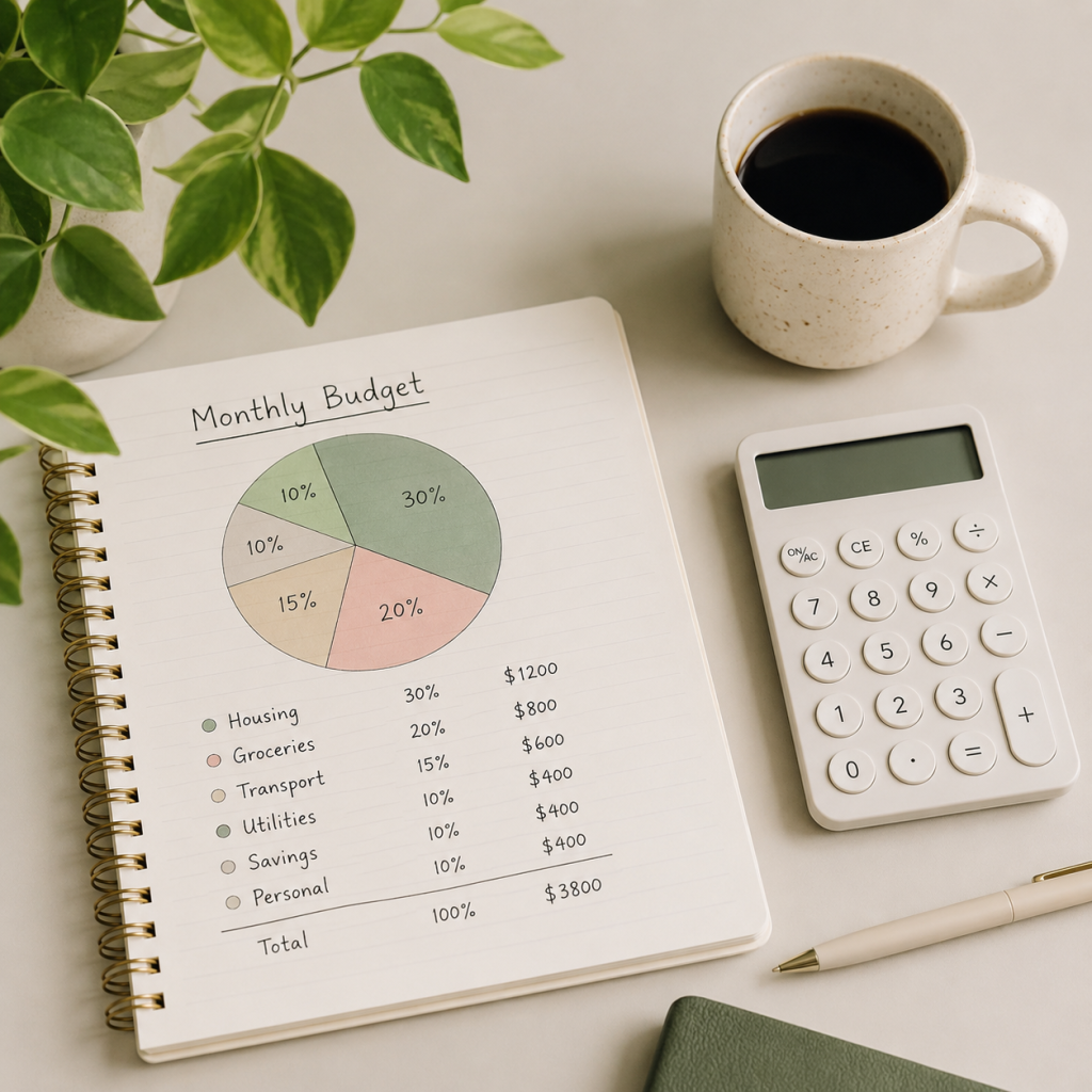 Notebook page labeled 'Monthly Budget' with a color-coded pie chart of expense categories and a legend, on a desk with a white mug of coffee and a calculator nearby; a plant is in the background.