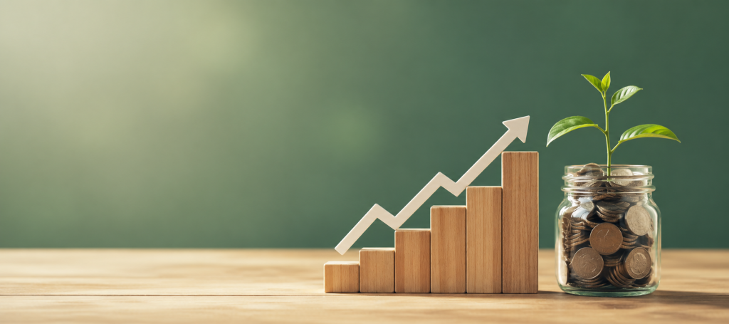 Growing financial success: upward-trending wooden block bars next to a jar of coins with a sprouting plant beside it.